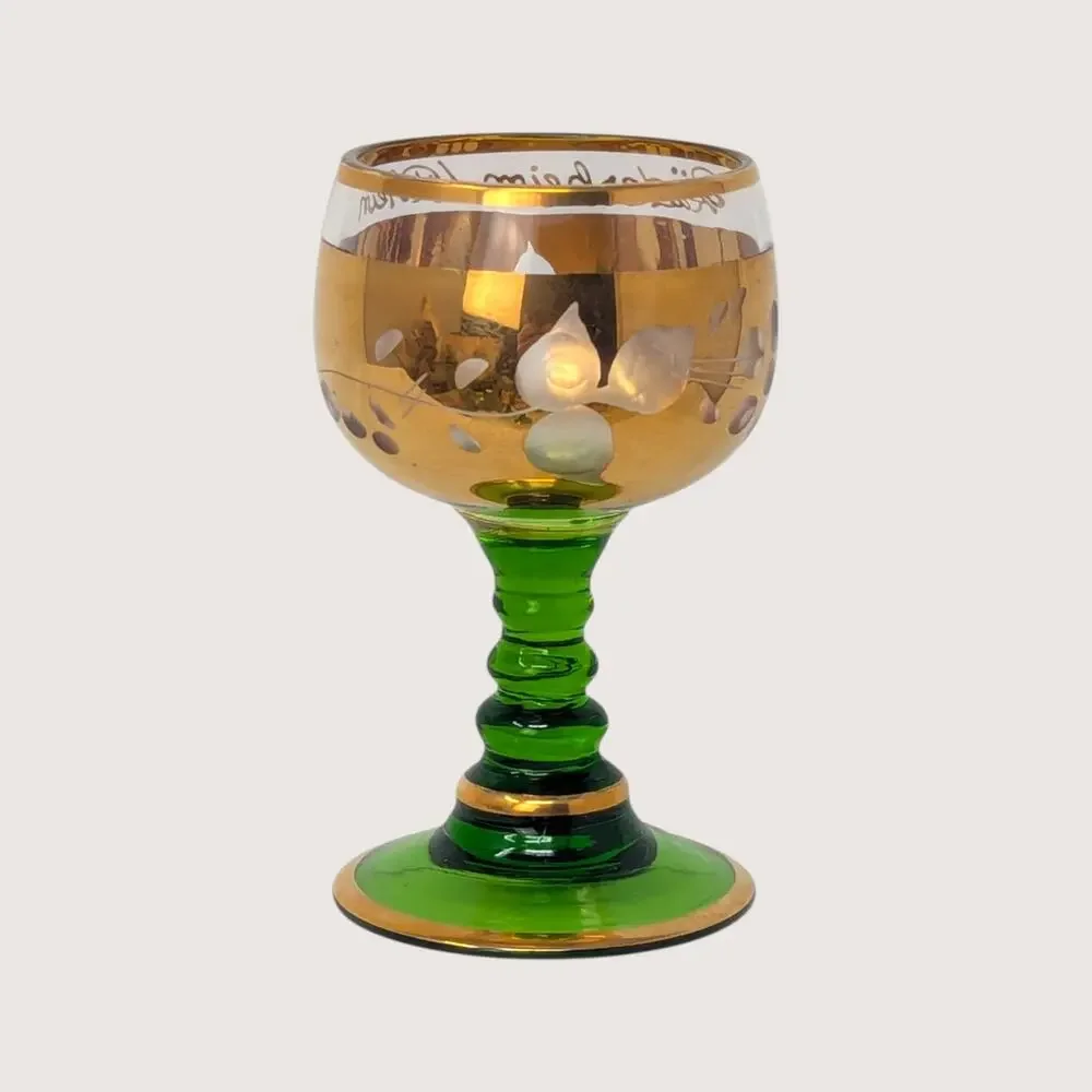 1960s Bohemian Green Glass High Enamel Gold Trim Bowl Cordial Set